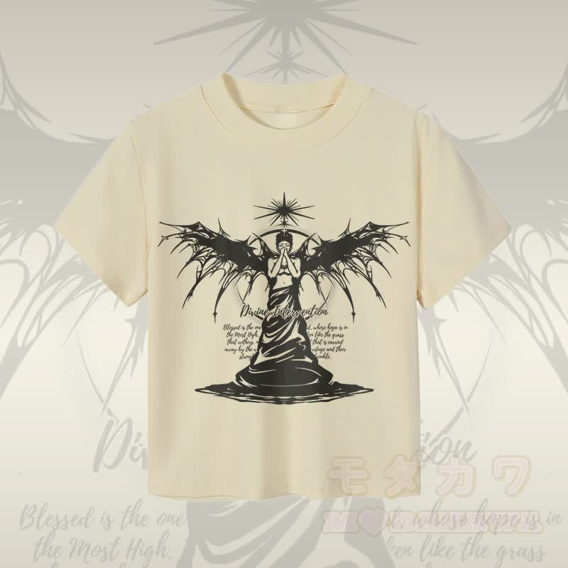 MODAKAWA DIVINE INTERVENTION Schwarzes Engel-Motiv, kurzes Damen-T-Shirt, 92 % gekämmte Baumwolle - Aprikose - XL - image 3