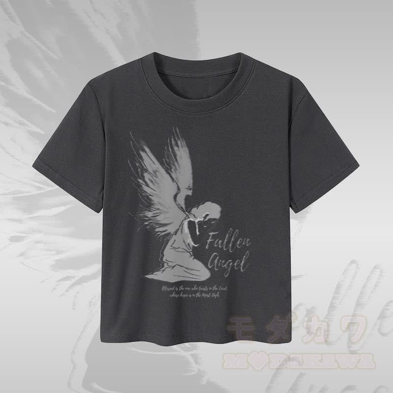 MODAKAWA Damen-Crop-Top mit „Fallen Angel“-Grafik, 92 % gekämmte Baumwolle - Dunkelgrau - XL - image 1