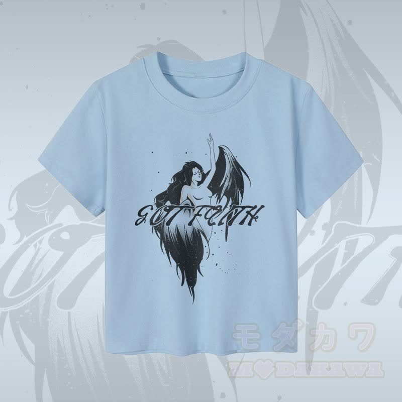 MODAKAWA GOT FAITH Damen-Crop-Top mit Engelsmotiv, 92 % gekämmte Baumwolle - Blau - XL - image 1