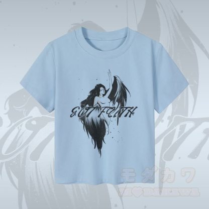 MODAKAWA GOT FAITH Damen-Crop-Top mit Engelsmotiv, 92 % gekämmte Baumwolle - Blau - XL - image 1