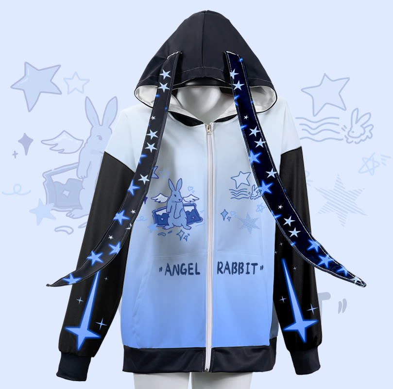 MODAKAWA Gradient ANGEL RABBIT Sternengrafik-Kapuzenpullover mit langen Hasenohren - Blue - 4XL - image 1