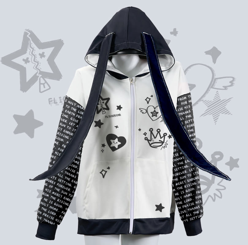 MODAKAWA Hoodie mit Sternen-, Herz- und Kronenmotiv, Reißverschluss und langen Hasenohren - White - 4XL - image 2