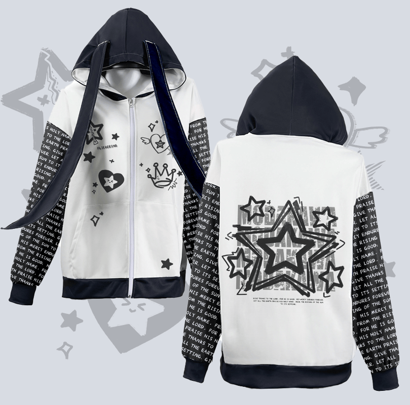 MODAKAWA Hoodie mit Sternen-, Herz- und Kronenmotiv, Reißverschluss und langen Hasenohren - image 1