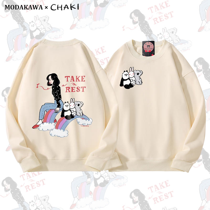 Gönn dir eine Pause! Mädchen sitzt mit Tieren auf einem Sweatshirt mit Regenbogenmotiv und Rundhalsausschnitt - Beige - 5XL - image 2