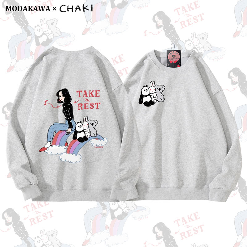 Gönn dir eine Pause! Mädchen sitzt mit Tieren auf einem Sweatshirt mit Regenbogenmotiv und Rundhalsausschnitt - Grey - 5XL - image 1