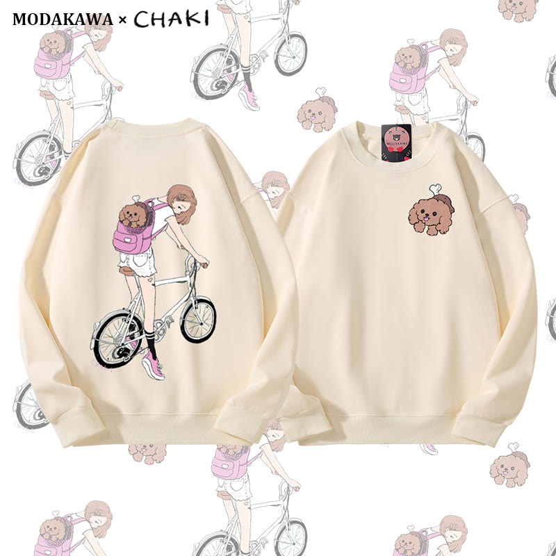 Mädchen fährt Fahrrad mit Welpe im Rucksack, Sweatshirt mit Grafik und Rundhalsausschnitt - Beige - 5XL - image 1