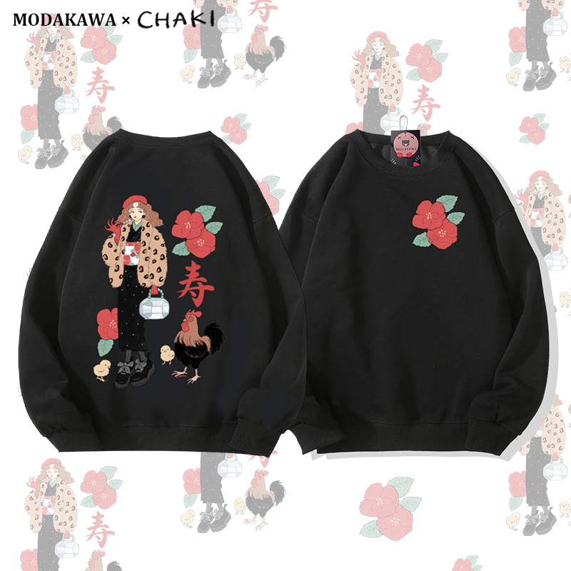 Retro-Sweatshirt mit Hahn- und Blumenmotiv und Rundhalsausschnitt - Black - 5XL - image 3