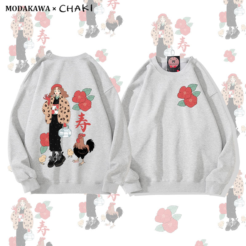 Retro-Sweatshirt mit Hahn- und Blumenmotiv und Rundhalsausschnitt - Grey - 5XL - image 2