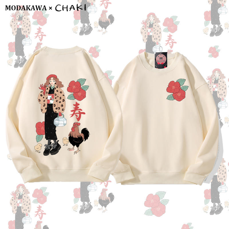 Retro-Sweatshirt mit Hahn- und Blumenmotiv und Rundhalsausschnitt - Beige - 5XL - image 1