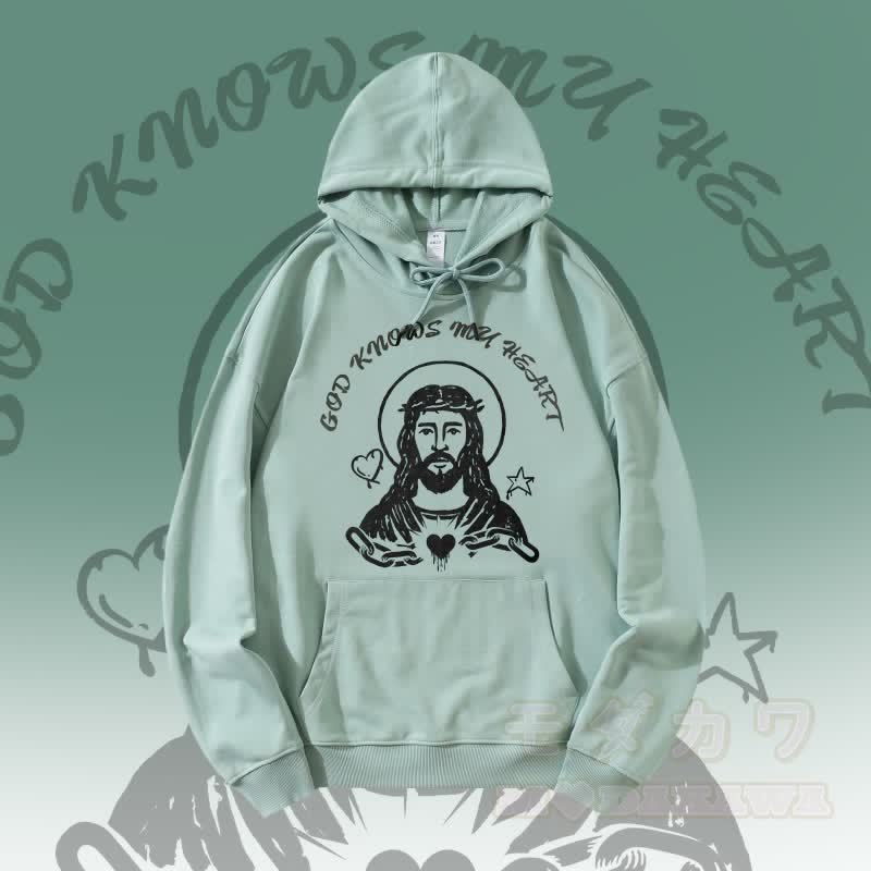 MODAKAWA GOTT KENNT MEIN HERZ God Graphic Streetwear Pullover Hoodie - Grün - 5XL - image 1