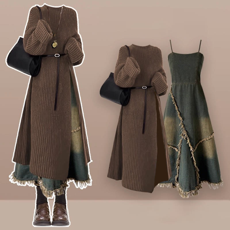 Zweiteiliges Set aus Strickkleid mit Gürtel und Jeanskleid - Set - XL - image 1