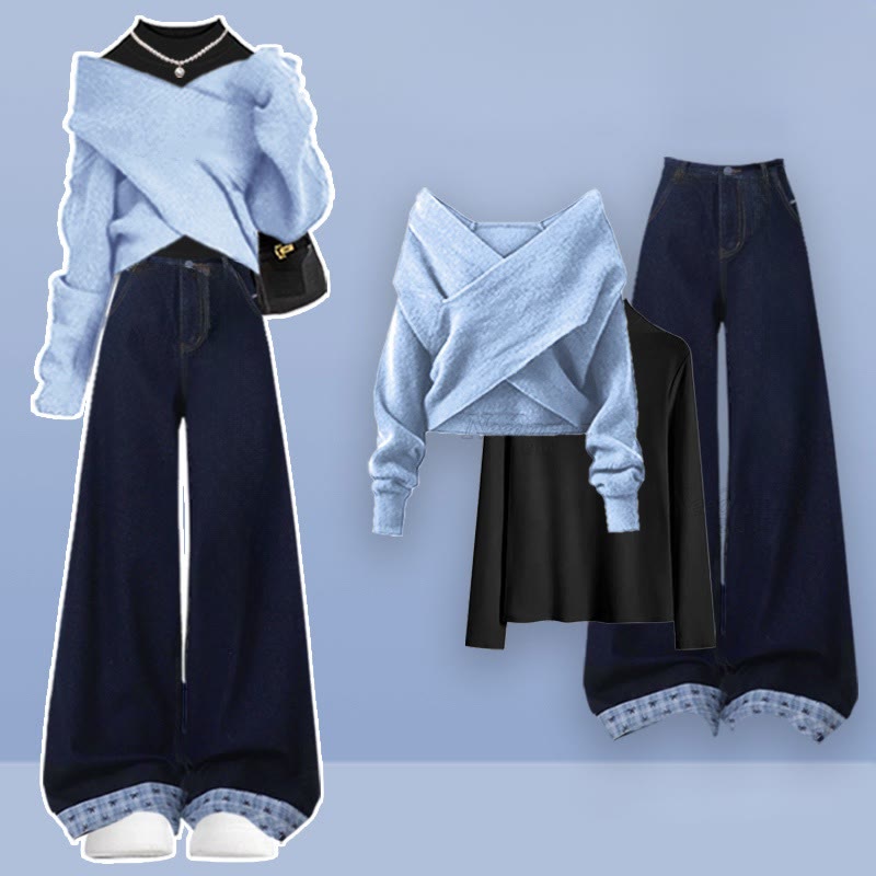 Schwarzes Strickoberteil, Jeans, passendes Outfit - Set - XL - image 1