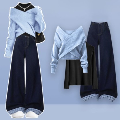 Schwarzes Strickoberteil, Jeans, passendes Outfit - Set - XL - image 1