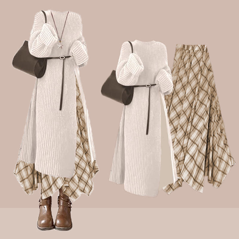 Strickkleid mit Gürtel, karierter Rock, passendes Outfit - Set - XL - image 1