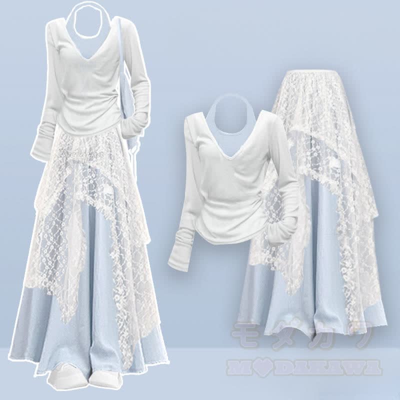 Set aus V-Ausschnitt-Shirt, Neckholder-Top, Spitzenrock, weitem Hosenbein und Rock – vierteiliges Set - Satz - XL - image 1