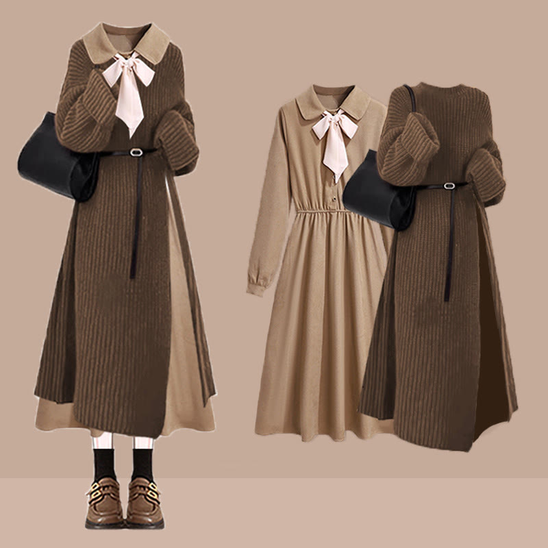 Strickkleid mit Gürtel und Schleife, passendes Outfit - Set - XL - image 1