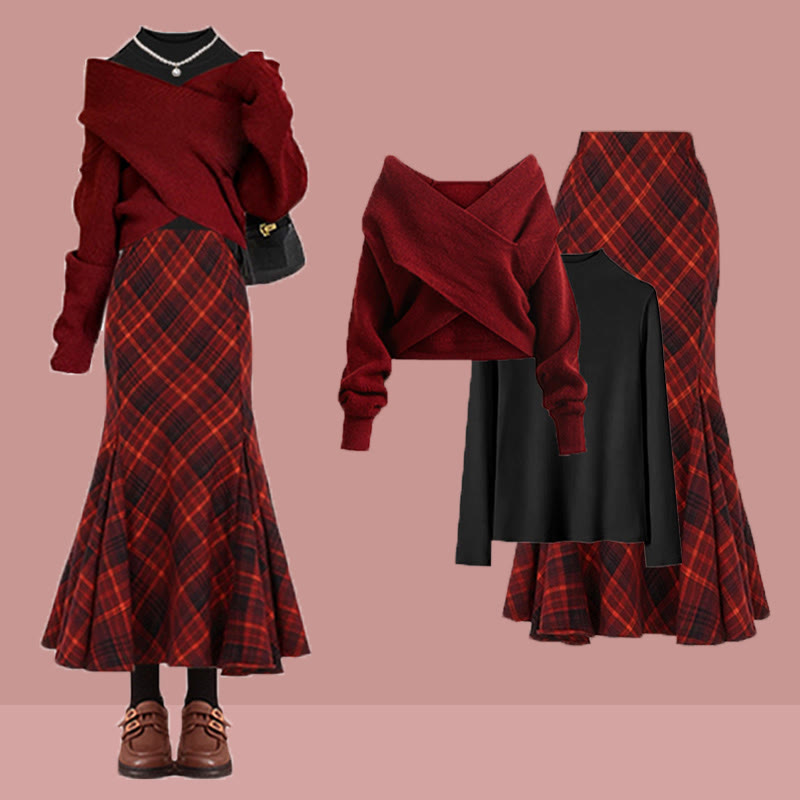 Schwarzes Top mit Kreuzstrickmuster, karierter Meerjungfrauenrock, passendes Outfit - Set - XL - image 1