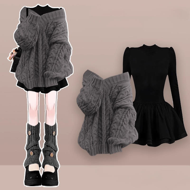 Strickpullover, schwarzes Kleid, passendes Outfit - Grey Set - XL - image 1