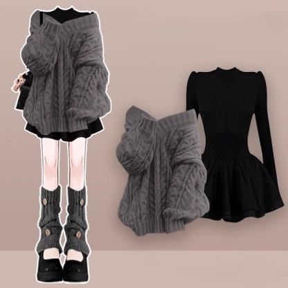 Strickpullover, schwarzes Kleid, passendes Outfit - Grey Set - XL - image 1