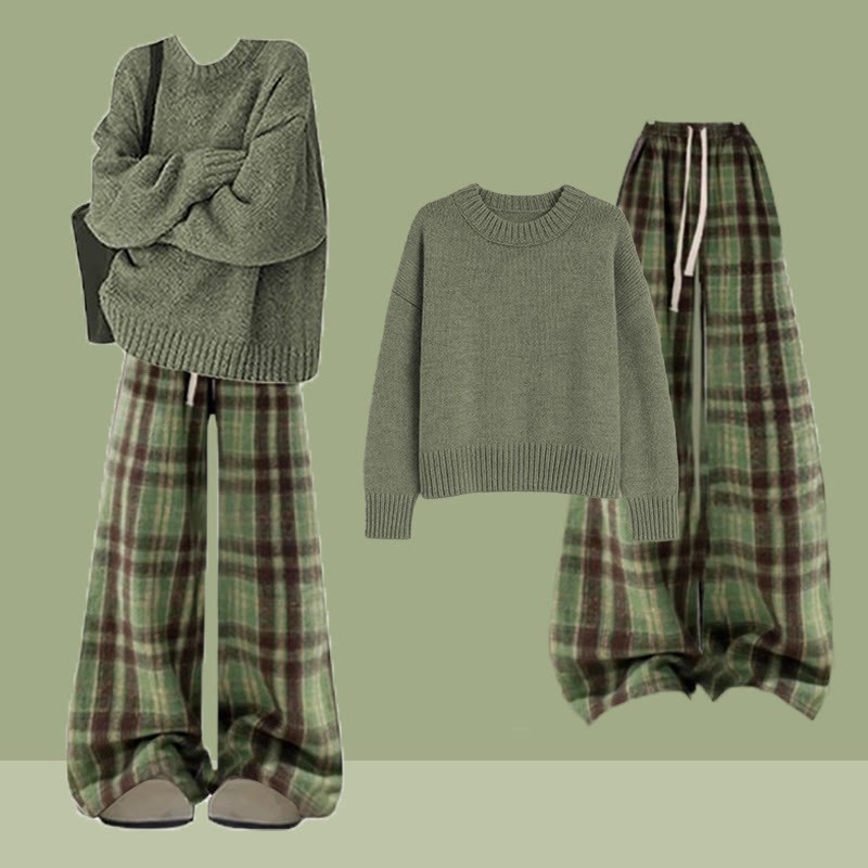 Strickpullover und karierte Hose – passendes Outfit - Set - XL - image 1