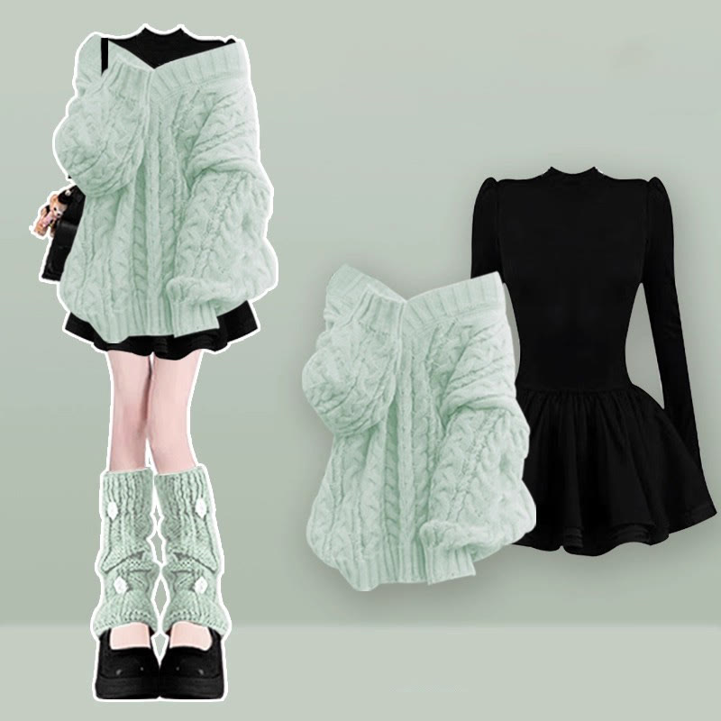 Strickpullover, schwarzes Kleid, passendes Outfit - Green Set - XL - image 5