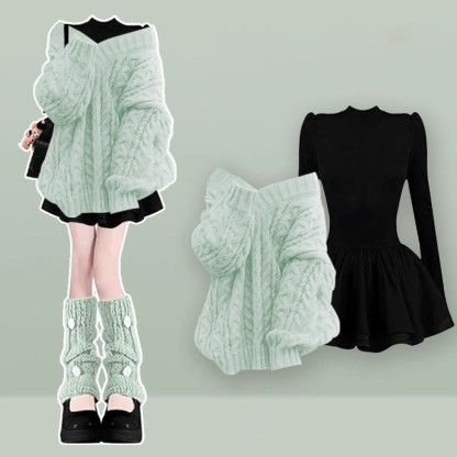 Strickpullover, schwarzes Kleid, passendes Outfit - Green Set - XL - image 5