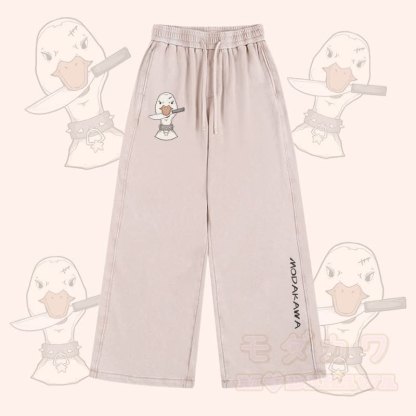 MODAKAWA Hose mit Gans- und Messermotiv im Vintage-Look, gewaschen, verstellbarer Saum - Aprikose - 2XL - image 2