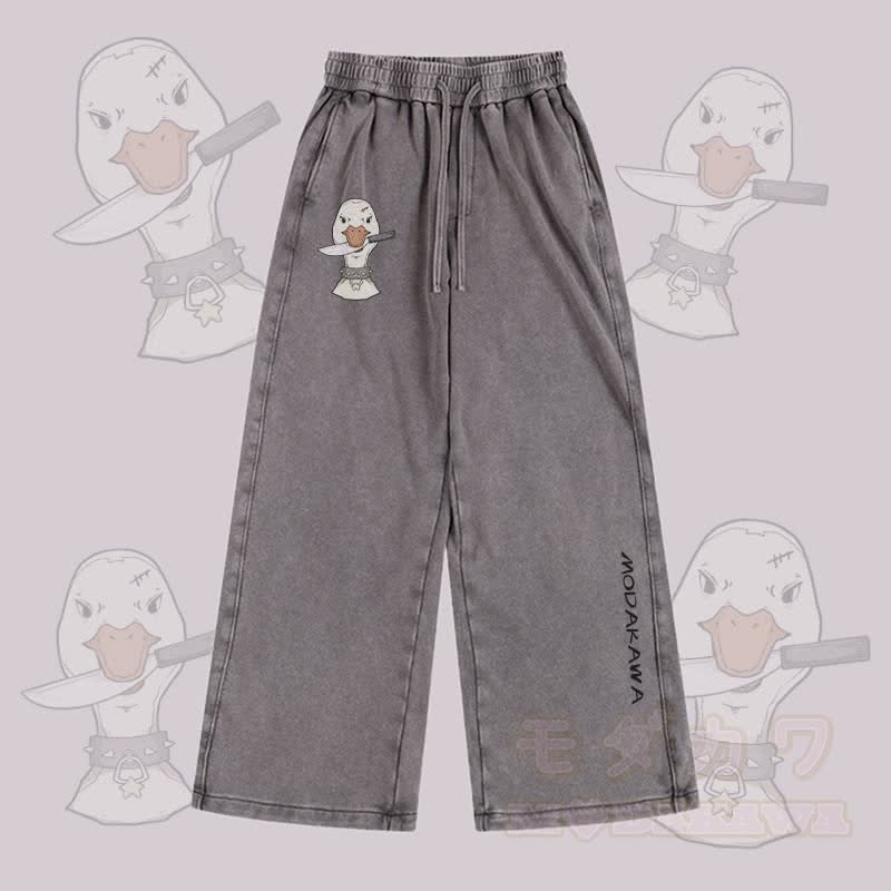 MODAKAWA Hose mit Gans- und Messermotiv im Vintage-Look, gewaschen, verstellbarer Saum - Grau - 2XL - image 1