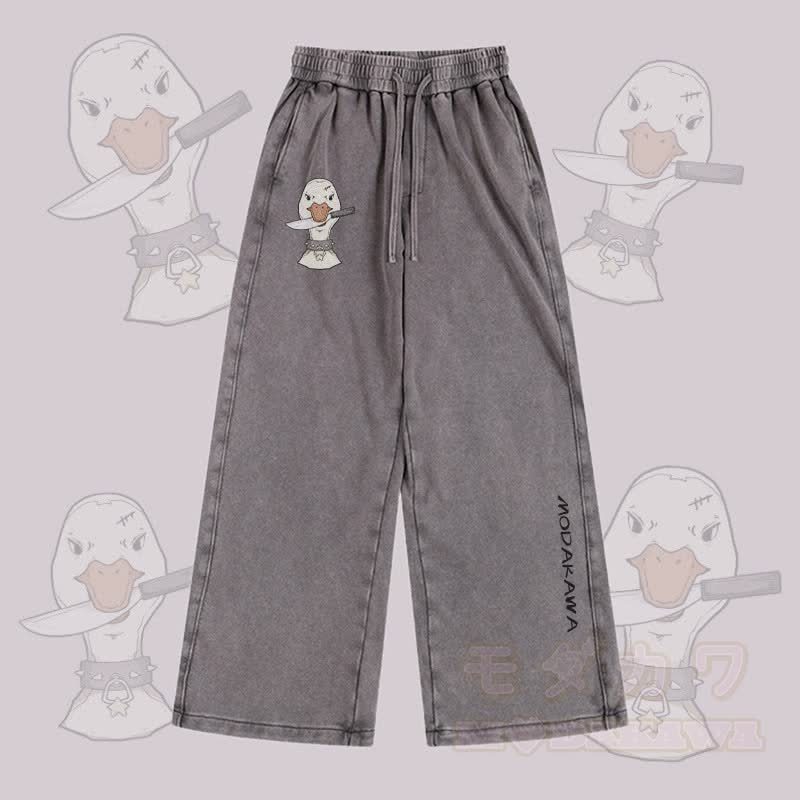 MODAKAWA Hose mit Gans- und Messermotiv im Vintage-Look, gewaschen, verstellbarer Saum - Grau - 2XL - image 1
