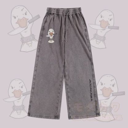 MODAKAWA Hose mit Gans- und Messermotiv im Vintage-Look, gewaschen, verstellbarer Saum - Grau - 2XL - image 1