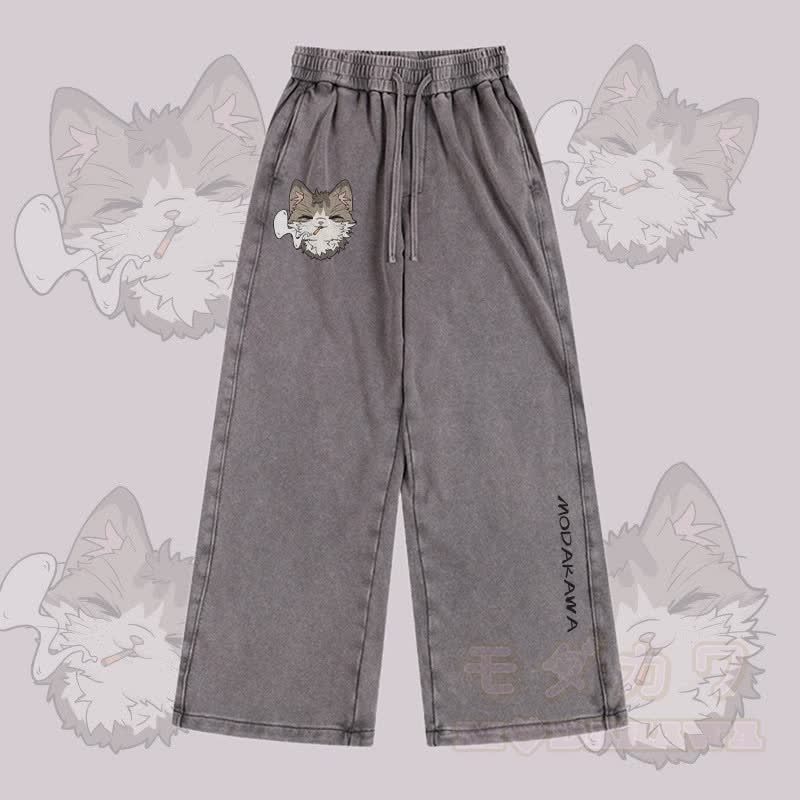 MODAKAWA Smoking Kitty Grafik Vintage Washed Adjustable Hem Pants - Grau - 2XL - image 2
