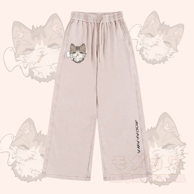 MODAKAWA Smoking Kitty Grafik Vintage Washed Adjustable Hem Pants - Aprikose - 2XL - image 1