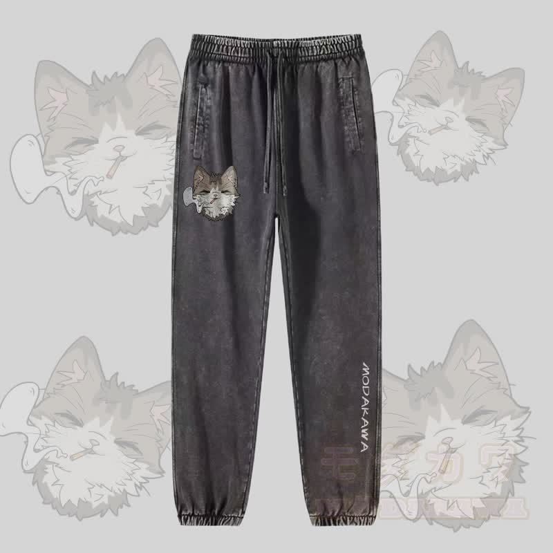 MODAKAWA Smoking Kitty Graphic Vintage Washed Jogger Pants - Dunkelgrau - 2XL - image 2