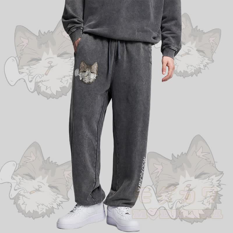 MODAKAWA Smoking Kitty Graphic Vintage Washed Jogger Pants - image 1