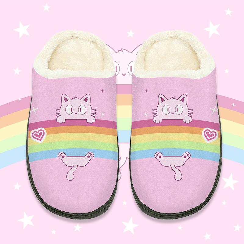 MODAKAWA Plüsch-Hausschuhe mit Regenbogenkatzenmotiv - Pink - 44-45 - image 1