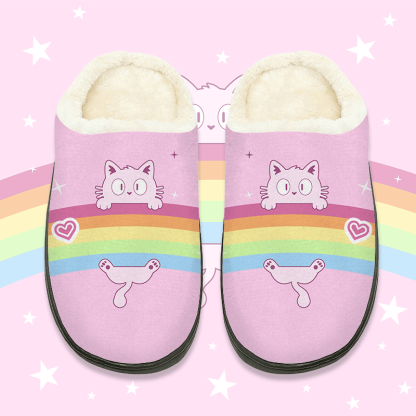 MODAKAWA Plüsch-Hausschuhe mit Regenbogenkatzenmotiv - Pink - 44-45 - image 1