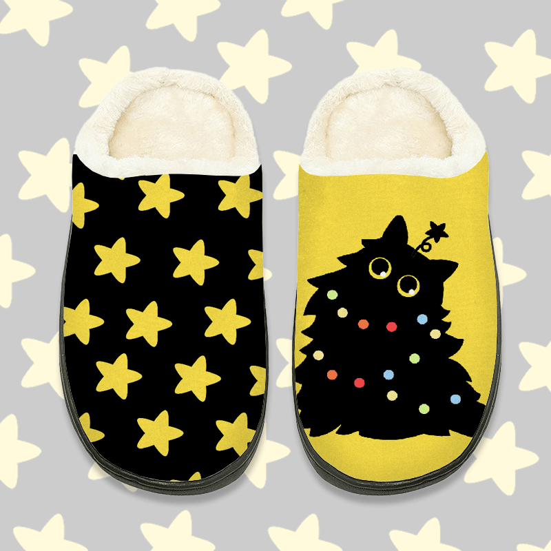 MODAKAWA Plüsch-Hausschuhe mit Sternen- und Katzenmotiv - Black&Yellow - 44-45 - image 1