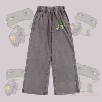 MODAKAWA Hose mit Frosch-und-Pistolen-Motiv, Vintage-Waschung, verstellbarer Saum - Grau - 2XL - image 2