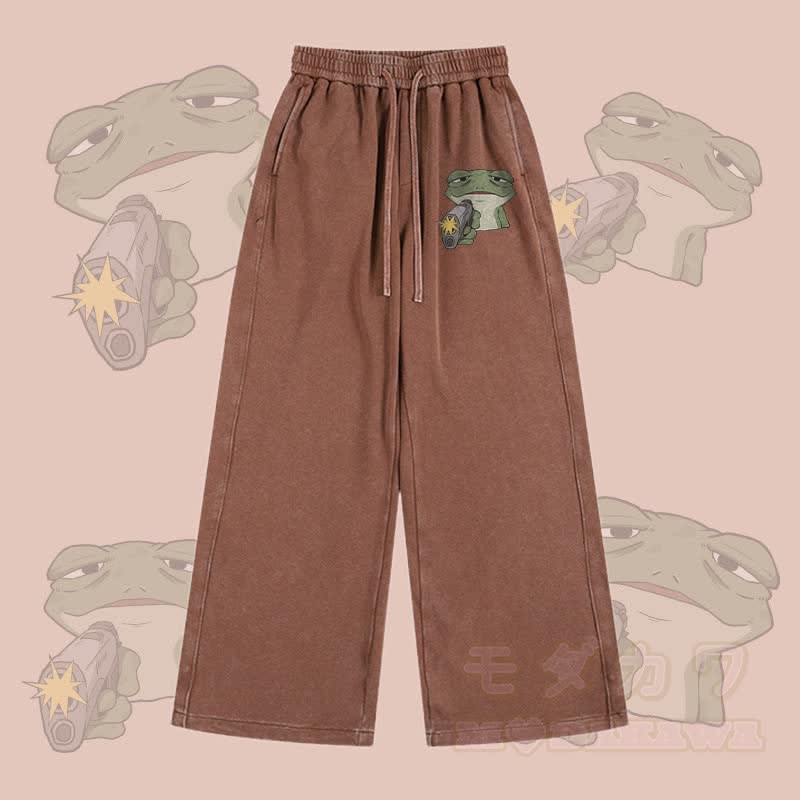 MODAKAWA Hose mit Frosch-und-Pistolen-Motiv, Vintage-Waschung, verstellbarer Saum - Braun - 2XL - image 3