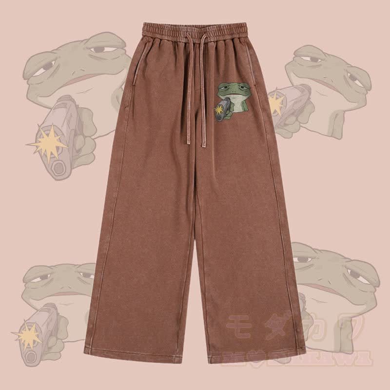 MODAKAWA Hose mit Frosch-und-Pistolen-Motiv, Vintage-Waschung, verstellbarer Saum - Braun - 2XL - image 3