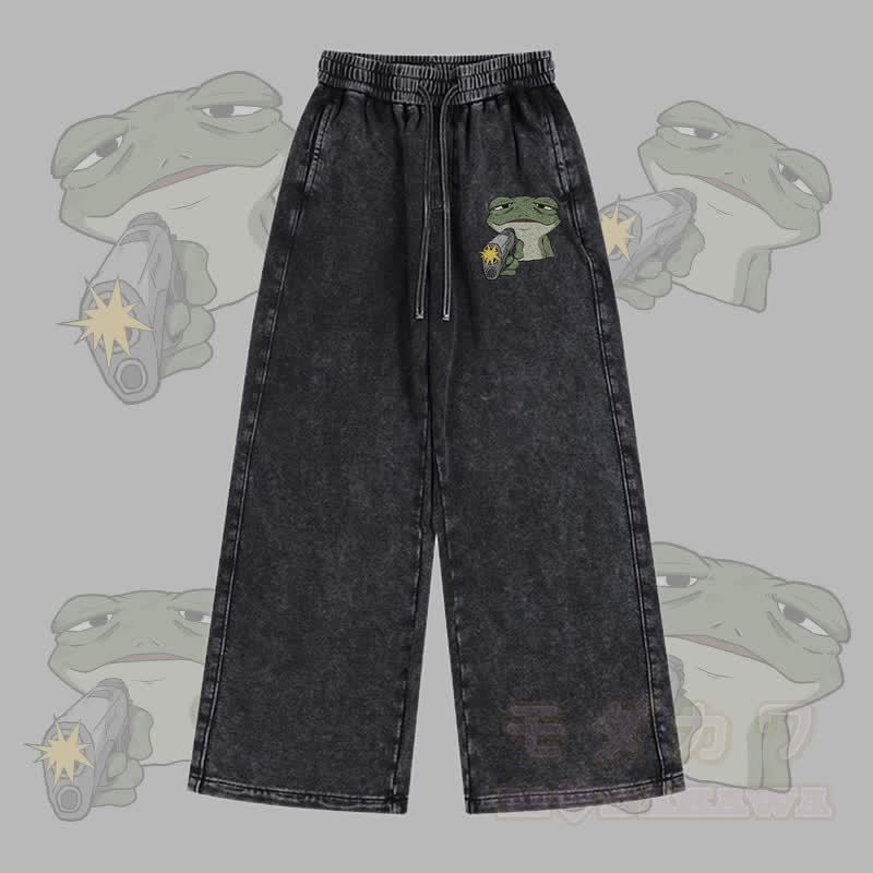 MODAKAWA Hose mit Frosch-und-Pistolen-Motiv, Vintage-Waschung, verstellbarer Saum - Schwarz - 2XL - image 1