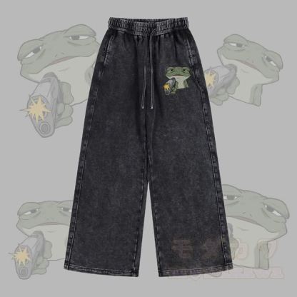 MODAKAWA Hose mit Frosch-und-Pistolen-Motiv, Vintage-Waschung, verstellbarer Saum - Schwarz - 2XL - image 1