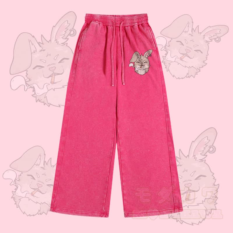 MODAKAWA Smoking Bunny Graphic Vintage Washed Adjustable Hem Pants - Rosenrot - 2XL - image 1