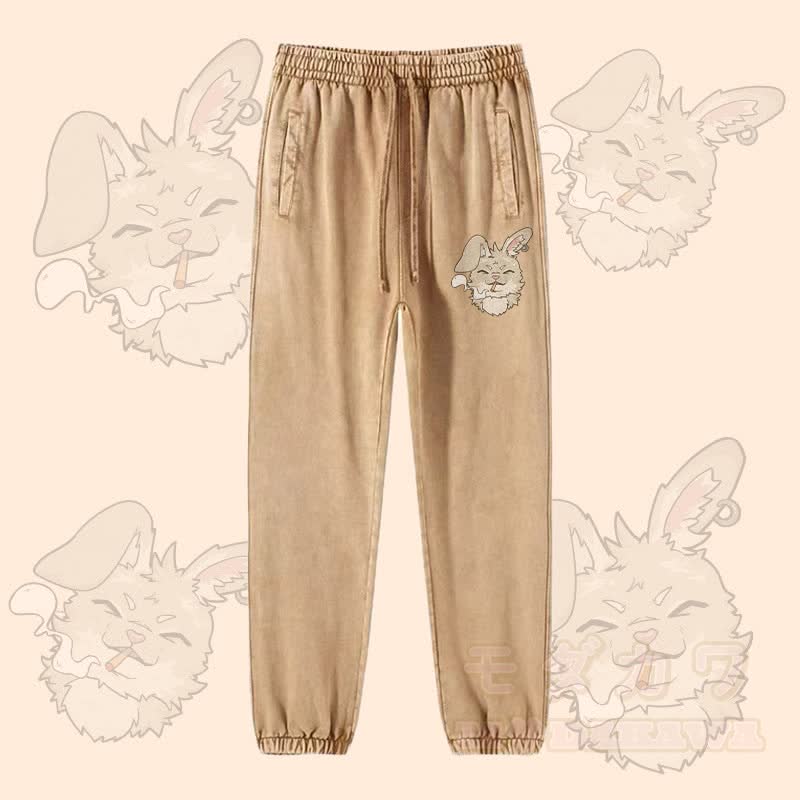 MODAKAWA Smoking Bunny Graphic Vintage Washed Jogger Pants - Khaki - 2XL - image 2
