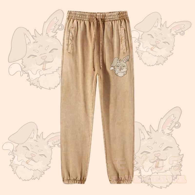 MODAKAWA Smoking Bunny Graphic Vintage Washed Jogger Pants - Khaki - 2XL - image 2