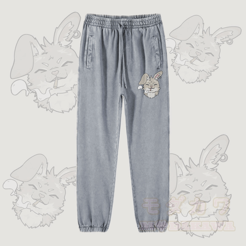 MODAKAWA Smoking Bunny Graphic Vintage Washed Jogger Pants - Hellgrau - 2XL - image 3