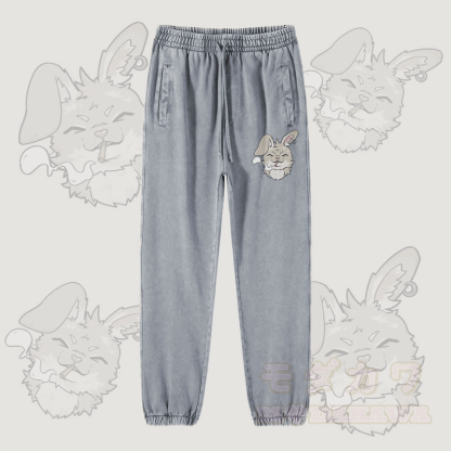MODAKAWA Smoking Bunny Graphic Vintage Washed Jogger Pants - Hellgrau - 2XL - image 3