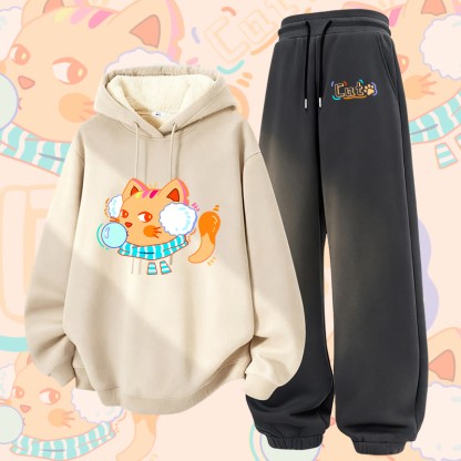 MODAKAWA Zweiteiliges Set aus Kapuzenpullover und Hose mit dick gefüttertem Hoodie und Katzenmotiv (dickes Fleecefutter) - Khaki&Dark Grey - 5XL - image 2