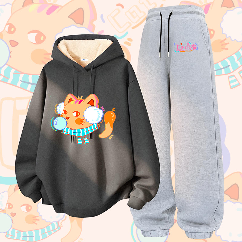 MODAKAWA Zweiteiliges Set aus Kapuzenpullover und Hose mit dick gefüttertem Hoodie und Katzenmotiv (dickes Fleecefutter) - Dark Grey&Grey - 5XL - image 1