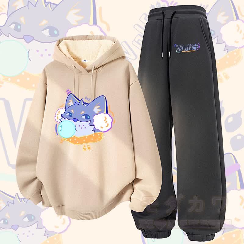 MODAKAWA Bubble Wolf Graphic Zweiteiliges Set aus dick gefüttertem Hoodie und Hose mit Fleece-Futter - Aprikose & Dunkelgrau - 5XL - image 2